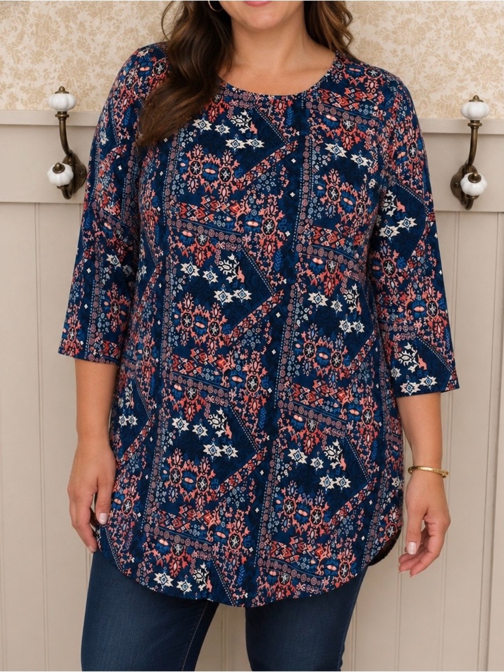 H&M Navy Blue Floral Patchwork Tunic with Coral Accents